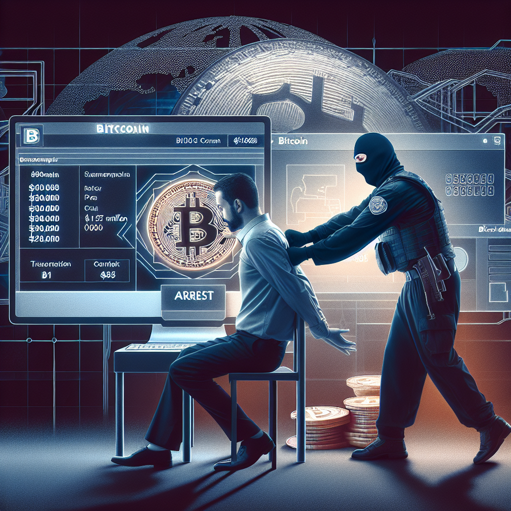 "SEO alt-text: Czech police officer Tomas Jirikovsky arrested near a computer displaying a  million Bitcoin transaction symbol with darknet marketplace glowing in the background, overlain with dark blue midnight gradient and brand-highlighted abstract orange detail, accompanied by 'Bitcoin scandal leads to arrest' text."