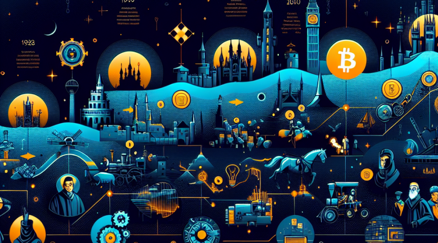 "Infographic illustrating the evolution of decentralization through eras from feudalism to present day Bitcoin, highlighting key elements such as castles, knights, monarchies, scientific innovations, industry machinery, and Bitcoin symbol on a midnight blue backdrop."
