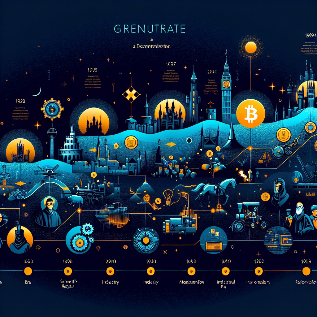 "Infographic illustrating the evolution of decentralization through eras from feudalism to present day Bitcoin, highlighting key elements such as castles, knights, monarchies, scientific innovations, industry machinery, and Bitcoin symbol on a midnight blue backdrop."