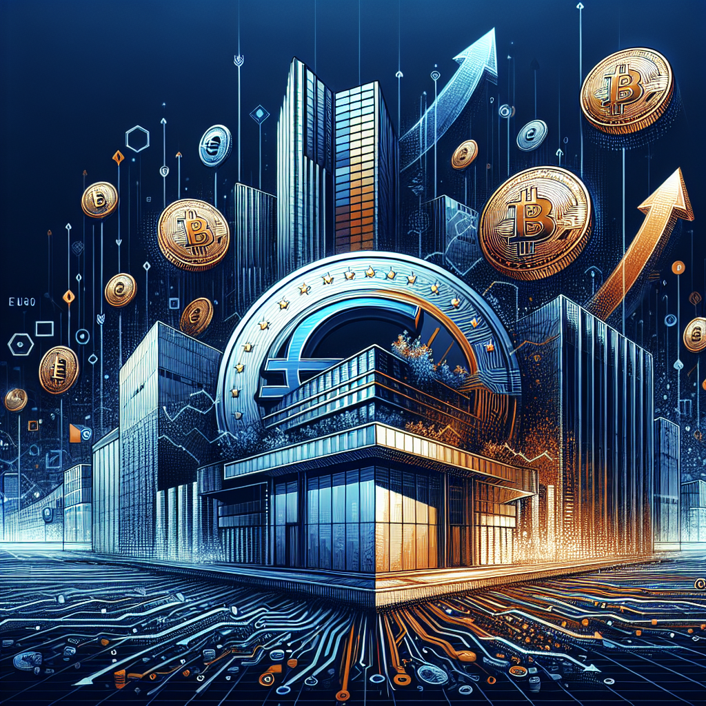"Digital Euro coin prominently shown with American stablecoins in the backdrop, representing market dominance, encompassed within a graphical layout featuring the European Central Bank socially and digital technology symbols. Subtle graphics signify growth and expansion, all highlighted in striking orange (#FF9811), complemented by dark blue (#000D43) to symbolize the European theme against a midnight blue (#021B88) background. Ideal 1200x628 px size for web use."