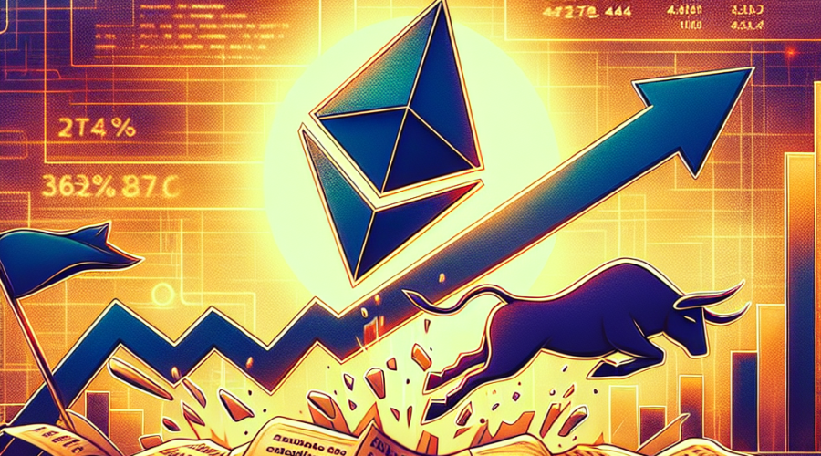 "Abstract tech-styled image featuring a soaring Ether (ETH) symbol crashing through a news headline reading '34% Gains Targeted'. Notable elements include a bull flag in the backdrop and indicators of falling exchange supply, all rendered in a vibrant blend of orange and dark blue. The image is enclosed within a thin midnight blue border, symbolizing the digital world of cryptocurrency."