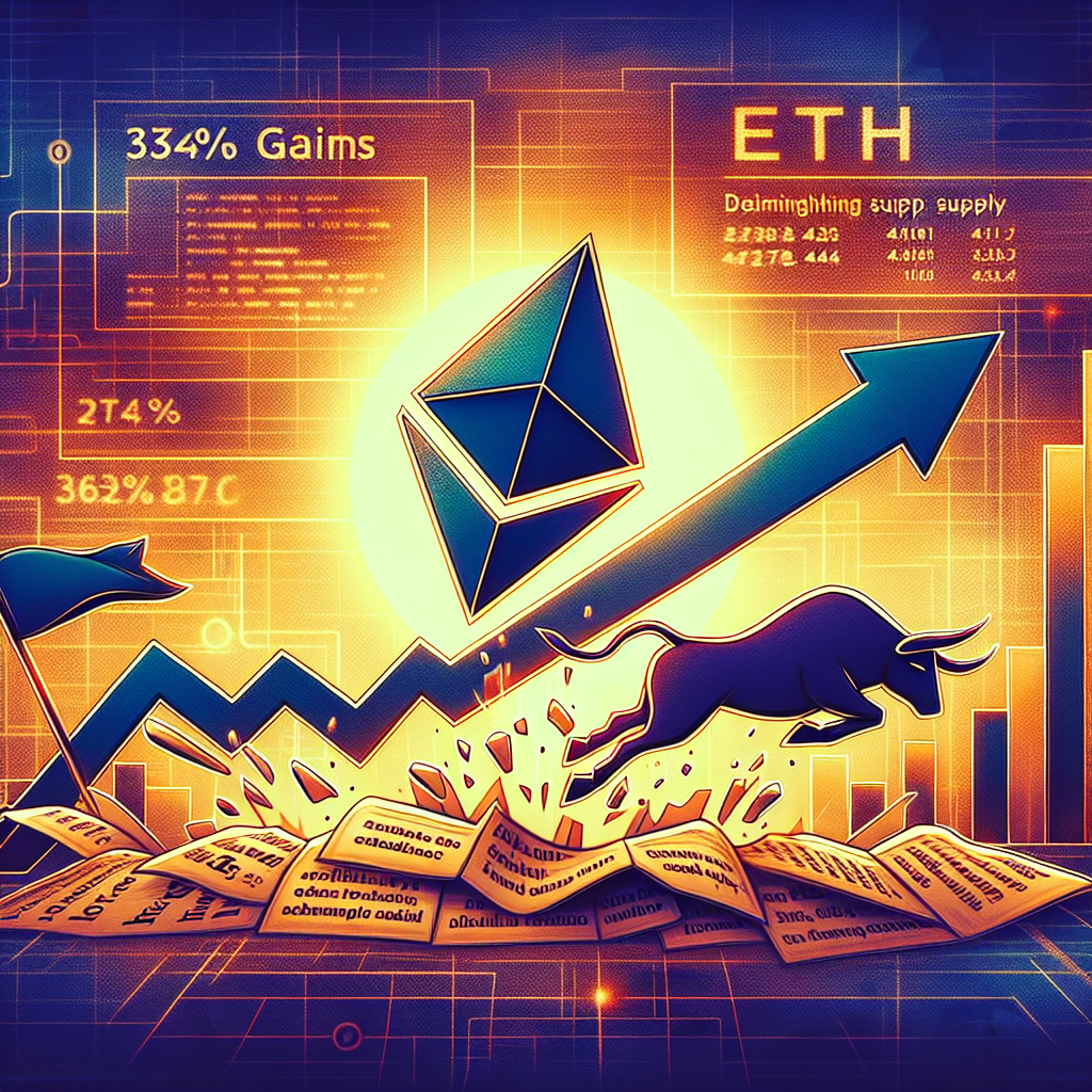 "Abstract tech-styled image featuring a soaring Ether (ETH) symbol crashing through a news headline reading '34% Gains Targeted'. Notable elements include a bull flag in the backdrop and indicators of falling exchange supply, all rendered in a vibrant blend of orange and dark blue. The image is enclosed within a thin midnight blue border, symbolizing the digital world of cryptocurrency."