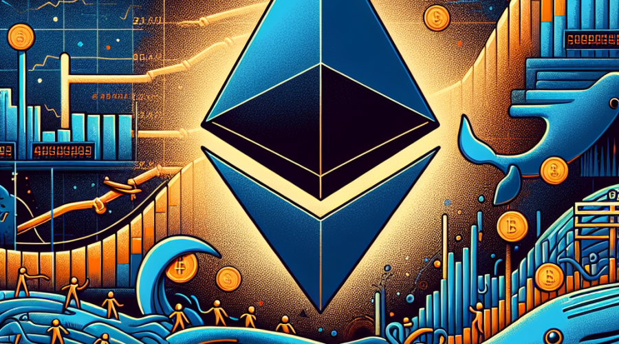 "An engaging Ethereum logo in Enigmatic Dark Blue (#000D43) is the main focus of this image, dynamically positioned to draw attention. It contrasts brilliantly with a line graph in Sunshine Orange (#FF9811), which illustrates Ethereum's impressive price surge. Completing the picture is a whale-like figure actively unstaking coins, symbolizing market activity. The backdrop includes a significant queue in Midnight Blue (#021B88), which effectively represents the Ethereum validator queues and their long unstaking wait times. An overlaid transparent calendar subtly indicates the month of August. All of these elements have been carefully designed within a 1200 x 628 pixel frame to ensure optimal clarity and legibility for blog usage, keeping the composition dynamic and expressive of movement in the Ethereum market."