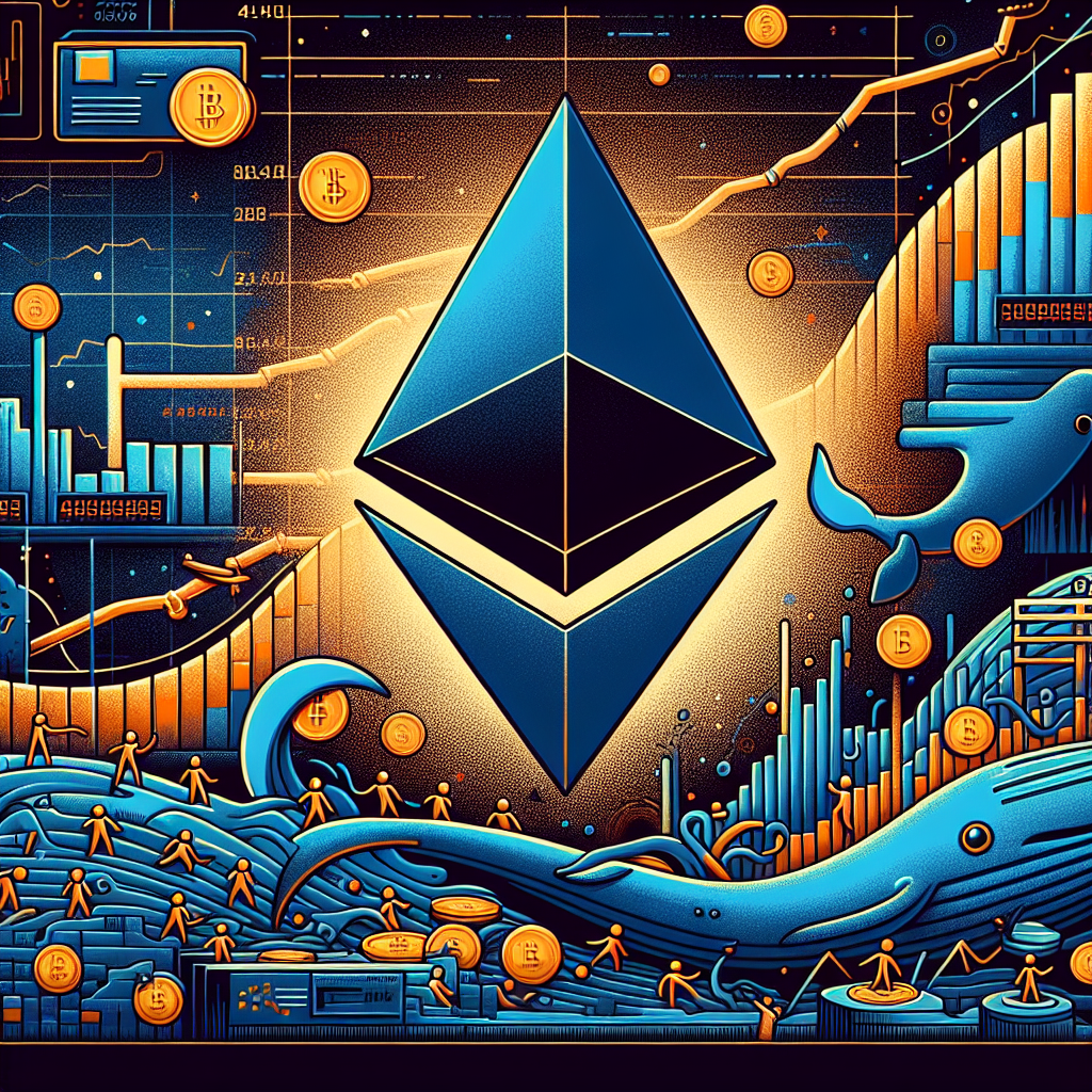 "An engaging Ethereum logo in Enigmatic Dark Blue (#000D43) is the main focus of this image, dynamically positioned to draw attention. It contrasts brilliantly with a line graph in Sunshine Orange (#FF9811), which illustrates Ethereum's impressive price surge. Completing the picture is a whale-like figure actively unstaking coins, symbolizing market activity. The backdrop includes a significant queue in Midnight Blue (#021B88), which effectively represents the Ethereum validator queues and their long unstaking wait times. An overlaid transparent calendar subtly indicates the month of August. All of these elements have been carefully designed within a 1200 x 628 pixel frame to ensure optimal clarity and legibility for blog usage, keeping the composition dynamic and expressive of movement in the Ethereum market."