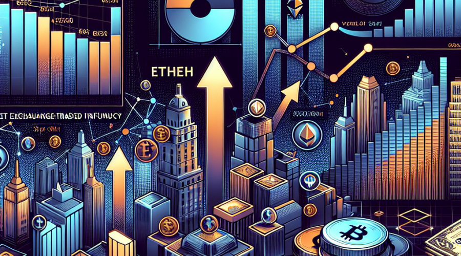 "Ether and Bitcoin symbols alongside rising graphs and bar charts depicting strong inflows into spot ETFs and corporate treasuries, Wall Street and SEC logos, with elements of the DeFi ecosystem in a picture-perfect balance of Orange, Dark Blue, and Midnight Blue, sized 1200X628 pixels to highlight Ether's outperformance over Bitcoin."
