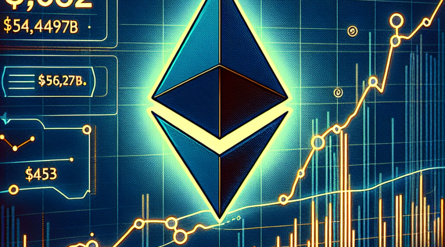 "SEO alt text: Ethereum Logo on a Fluctuating Line Graph Showing Neutral to Bearish Sentiment, Reflected by a Price of ,682 and Market Cap of 4.49B. Image Framed in Brand Match Dark and Midnight Blue with Orange Accents."