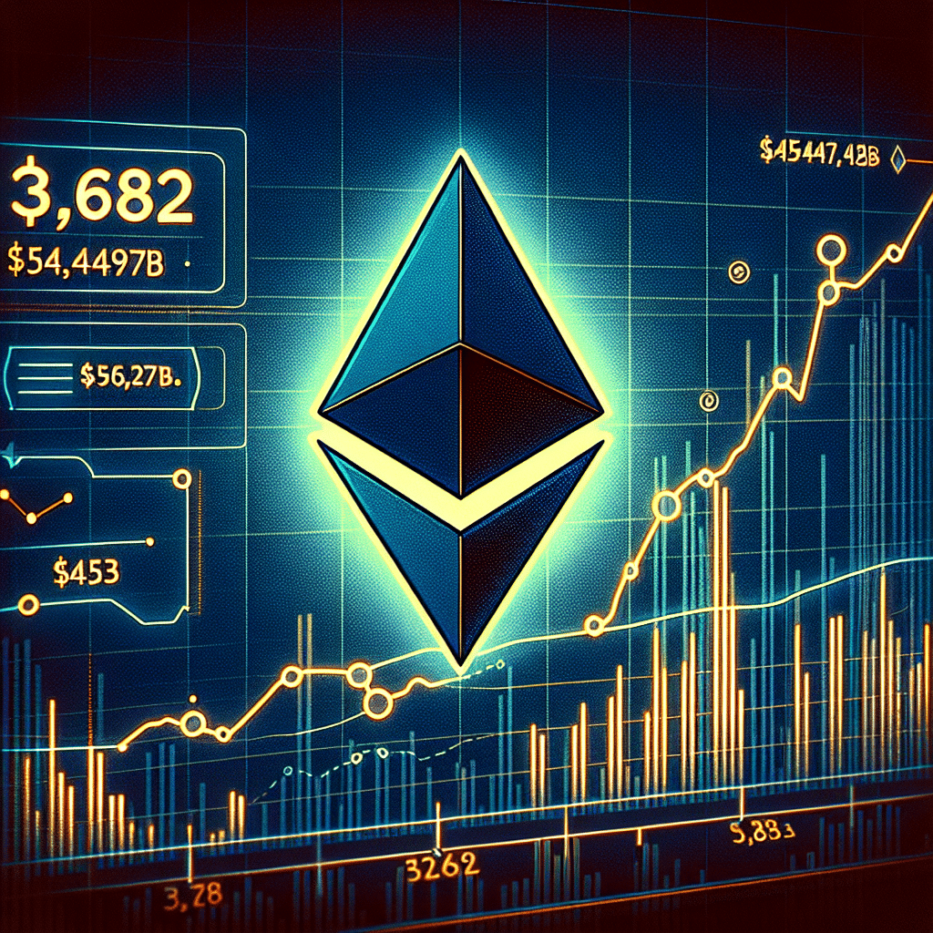 "SEO alt text: Ethereum Logo on a Fluctuating Line Graph Showing Neutral to Bearish Sentiment, Reflected by a Price of ,682 and Market Cap of 4.49B. Image Framed in Brand Match Dark and Midnight Blue with Orange Accents."