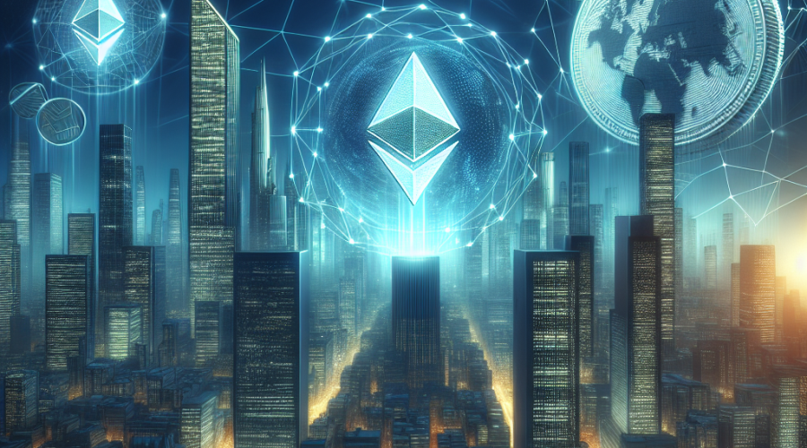 "Orange Ethereum Logo Holographically Projected in Futuristic Cityscape with Digital Stablecoin and Global Finance Symbol, with the phrase 'Ethereum: The Future of Finance' in the foreground - a Vision of Decentralized Economy"
