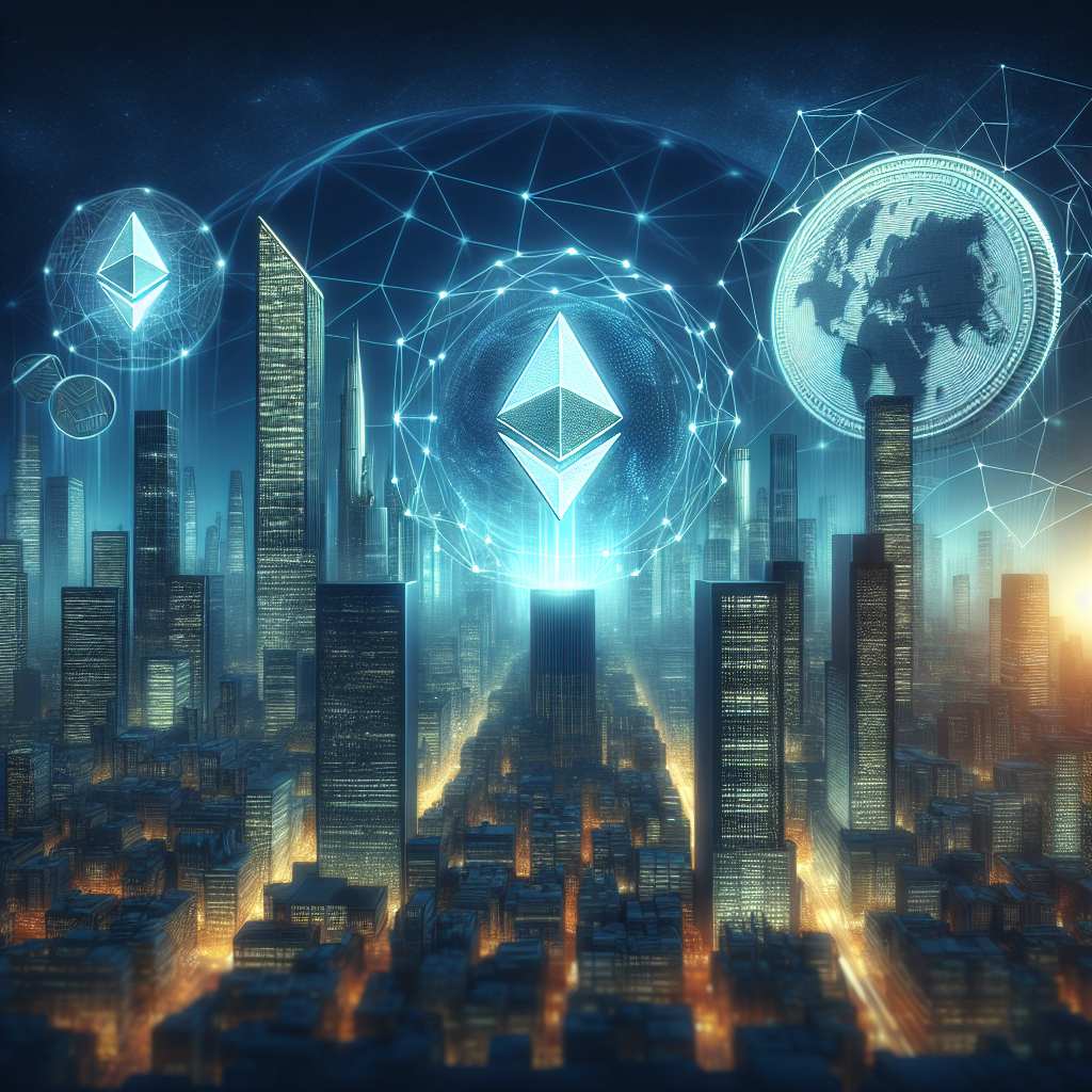 "Orange Ethereum Logo Holographically Projected in Futuristic Cityscape with Digital Stablecoin and Global Finance Symbol, with the phrase 'Ethereum: The Future of Finance' in the foreground - a Vision of Decentralized Economy"