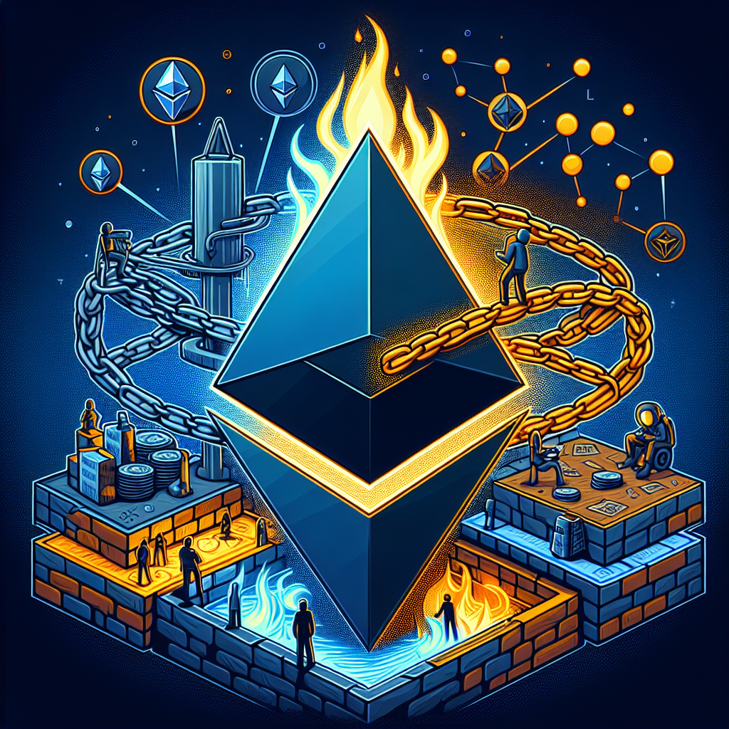 "Digital illustration showcasing the Ethereum Layer 2 network Linea logo dynamically intertwined with Ethereum logo, fused by a symbolic chain bridge indicating the connection. Element of a burning Ethereum and symbols of gaming, finance with silhouettes of institutional and retail users, against a dark blue background with orange and midnight blue highlights in a 1200x628 pixel size for a WordPress blog post, representing Linea's partnership with SharpLink Gaming."
