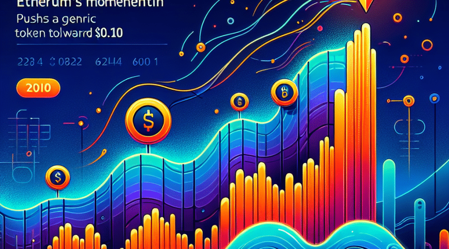 "Vibrant illustration of Ethereum's increasing value graph in orange (#FF9811) against a midnight blue background (#021B88), featuring LILPEPE token icon riding the growth wave. Dark blue highlights (#000D43) and the text 'Ethereum's Momentum Pushes LILPEPE Towards $0.10' add depth and detail. Perfect representation of cryptocurrency market trends within the optimum dimensions of 1200x628 pixels."