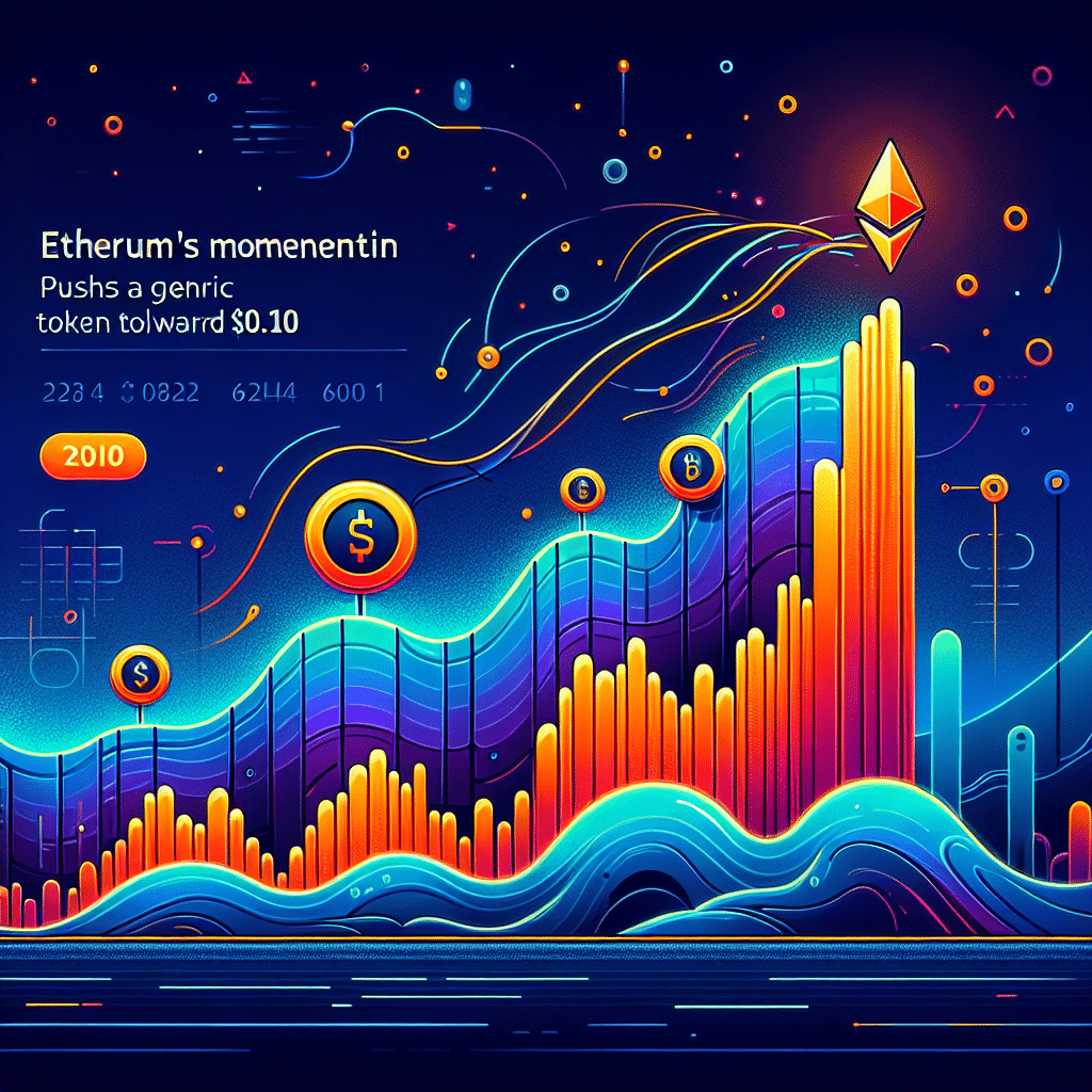 "Vibrant illustration of Ethereum's increasing value graph in orange (#FF9811) against a midnight blue background (#021B88), featuring LILPEPE token icon riding the growth wave. Dark blue highlights (#000D43) and the text 'Ethereum's Momentum Pushes LILPEPE Towards $0.10' add depth and detail. Perfect representation of cryptocurrency market trends within the optimum dimensions of 1200x628 pixels."