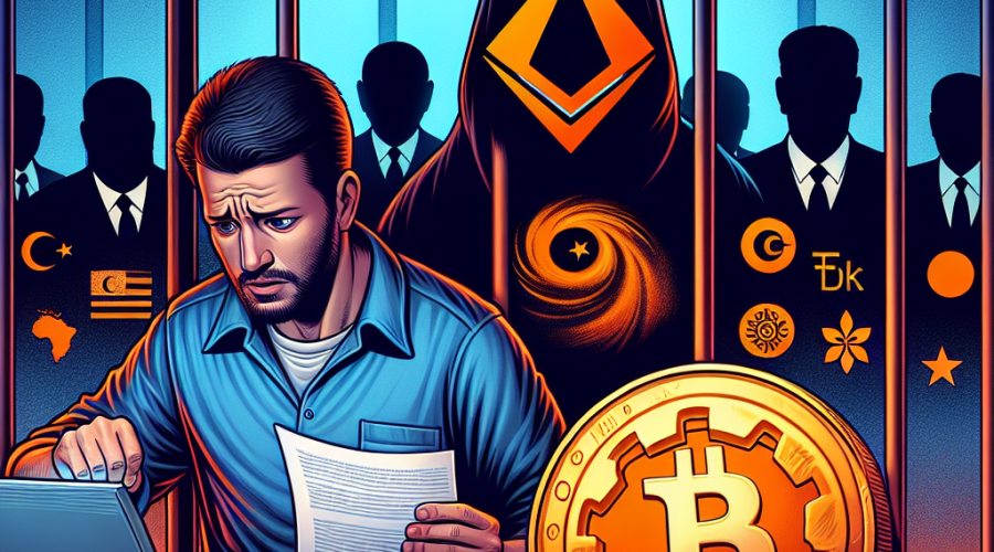 "Image of Federico Carrone deeply focused on his Ethereum privacy research documents, sitting in a Turkish detention center, surrounded by symbolic Ethereum and Tornado Cash icons in vivid orange. Various international officials from UAE, UK, U.S., Europe, Argentina and the Catholic Church, subtly depicted in the background, signify global support. The color scheme features dark and midnight blues to depict the detention center and background elements."