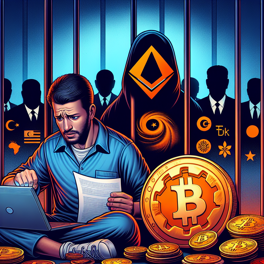 "Image of Federico Carrone deeply focused on his Ethereum privacy research documents, sitting in a Turkish detention center, surrounded by symbolic Ethereum and Tornado Cash icons in vivid orange. Various international officials from UAE, UK, U.S., Europe, Argentina and the Catholic Church, subtly depicted in the background, signify global support. The color scheme features dark and midnight blues to depict the detention center and background elements."