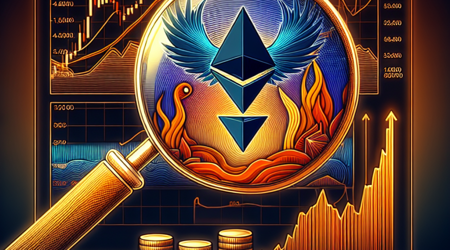 "SEO alt-text: Magnifying glass inspecting rising phoenix symbol representing Ethereum, illustrating the interaction of the Ethereum ecosystem, stablecoins, and DeFi. Ascendant chart in the background displaying reclamation of ,000 price point. All designs utilise brand colours - Orange, Dark Blue and Midnight Blue. Image dimensions maintained at 1200x628 pixels."