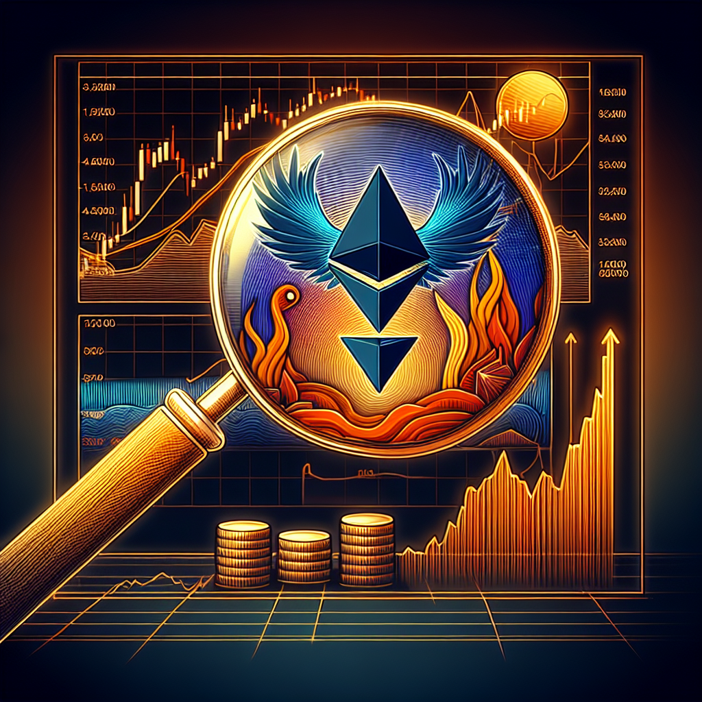 "SEO alt-text: Magnifying glass inspecting rising phoenix symbol representing Ethereum, illustrating the interaction of the Ethereum ecosystem, stablecoins, and DeFi. Ascendant chart in the background displaying reclamation of ,000 price point. All designs utilise brand colours - Orange, Dark Blue and Midnight Blue. Image dimensions maintained at 1200x628 pixels."