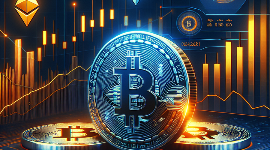 "Modern financial digital interface displaying live Ethereum and Bitcoin values through surging graphs and data visualizations, showcasing increasing momentum and ETF symbols. Background subtly features elements of institutional inflows, tariffs, and CPI reports. Dominant colors are orange, dark blue, and midnight blue, maintaining a vibrant and insightful aesthetic in line with brand colors."