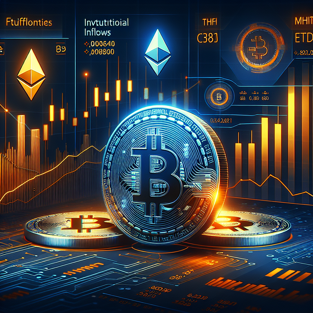 "Modern financial digital interface displaying live Ethereum and Bitcoin values through surging graphs and data visualizations, showcasing increasing momentum and ETF symbols. Background subtly features elements of institutional inflows, tariffs, and CPI reports. Dominant colors are orange, dark blue, and midnight blue, maintaining a vibrant and insightful aesthetic in line with brand colors."