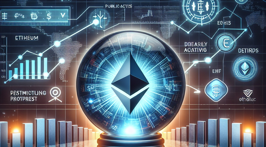 "Digital illustration of Ethereum's rising transactions and active addresses depicted with increasing graphs on high-tech network. Ethereum's DeFi ecosystem symbolized by an almost filled secure vault in foreground with Ethereum coins. Public company symbols and ETF emblem in backdrop, signifying their increasing involvement in the trend of Ethereum ETFs. A separate line graph evidences the dynamic pricing movement of ETH. The prediction amounts of ,000 and ,000-,000 subtly featured in a crystal ball in harmony with the overall colour theme of orange, dark and midnight blue, inspired by modern digital design elements."