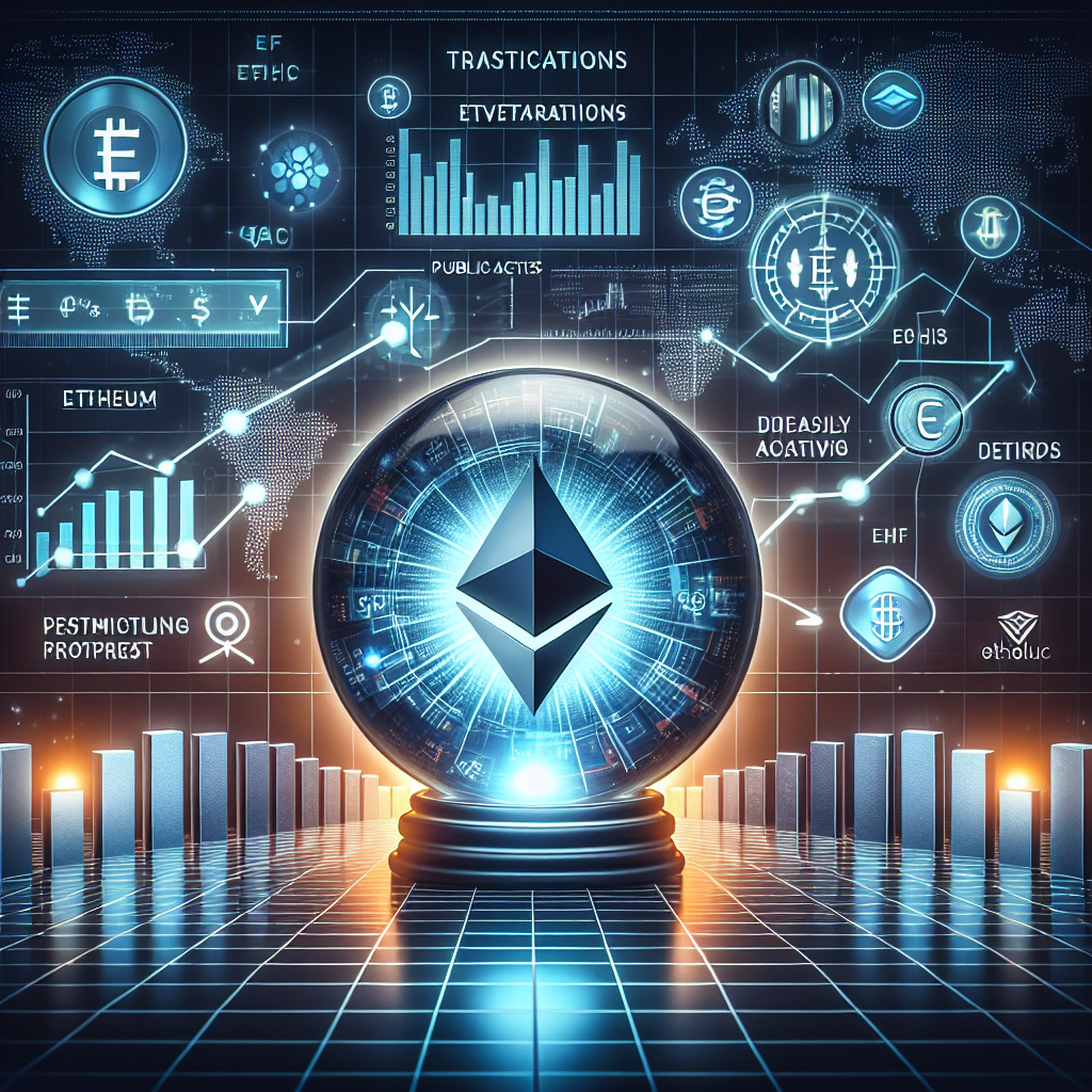 "Digital illustration of Ethereum's rising transactions and active addresses depicted with increasing graphs on high-tech network. Ethereum's DeFi ecosystem symbolized by an almost filled secure vault in foreground with Ethereum coins. Public company symbols and ETF emblem in backdrop, signifying their increasing involvement in the trend of Ethereum ETFs. A separate line graph evidences the dynamic pricing movement of ETH. The prediction amounts of ,000 and ,000-,000 subtly featured in a crystal ball in harmony with the overall colour theme of orange, dark and midnight blue, inspired by modern digital design elements."