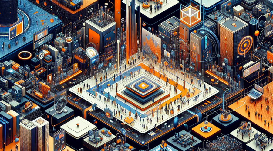 "Futuristic and innovative abstract representation of the metaverse in brand colors Orange, Dark Blue, and Midnight Blue showcasing elements of Decentraland, NFTs, virtual real estate, digital wearables, with subtle hints of cultural shifts in the digital age for an image size of 1200 x 628 pixels."