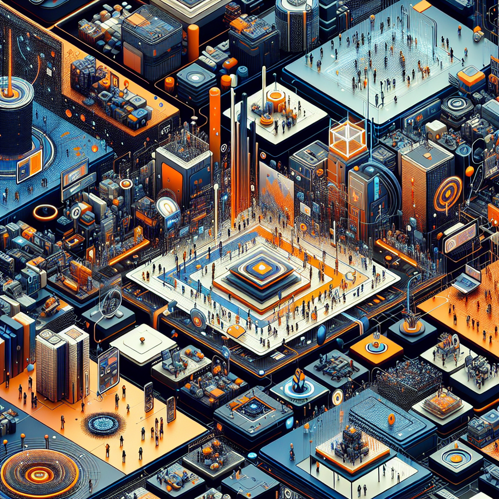 "Futuristic and innovative abstract representation of the metaverse in brand colors Orange, Dark Blue, and Midnight Blue showcasing elements of Decentraland, NFTs, virtual real estate, digital wearables, with subtle hints of cultural shifts in the digital age for an image size of 1200 x 628 pixels."