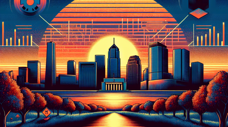 "An illustrative image of the Federal Reserve Board symbol against the backdrop of a beautiful sunset sky, signifying the conclusion of its novel crypto asset supervision program. Faint imagery of traditional banks conveys the resurgence of standard process bank activity monitoring. The picture is enhanced with aesthetic touches of crypto assets and distributed ledger technology elements. Main objects are highlighted in vibrant orange color (#FF9811) with darker features in deep blue (#000D43), all set against a midnight blue sky (#021B88). Dimension is optimized to 1200 x 628 pixels perfect for a Wordpress blog post."