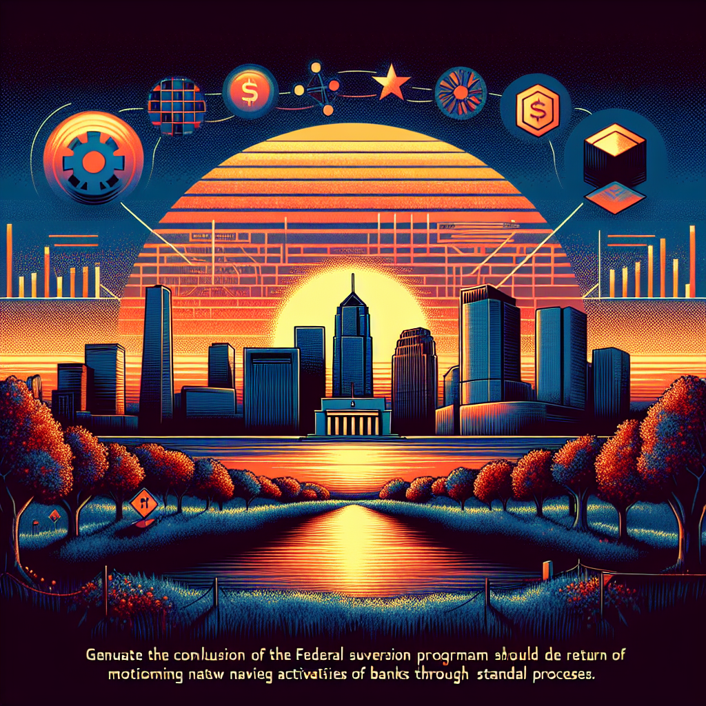 "An illustrative image of the Federal Reserve Board symbol against the backdrop of a beautiful sunset sky, signifying the conclusion of its novel crypto asset supervision program. Faint imagery of traditional banks conveys the resurgence of standard process bank activity monitoring. The picture is enhanced with aesthetic touches of crypto assets and distributed ledger technology elements. Main objects are highlighted in vibrant orange color (#FF9811) with darker features in deep blue (#000D43), all set against a midnight blue sky (#021B88). Dimension is optimized to 1200 x 628 pixels perfect for a Wordpress blog post."