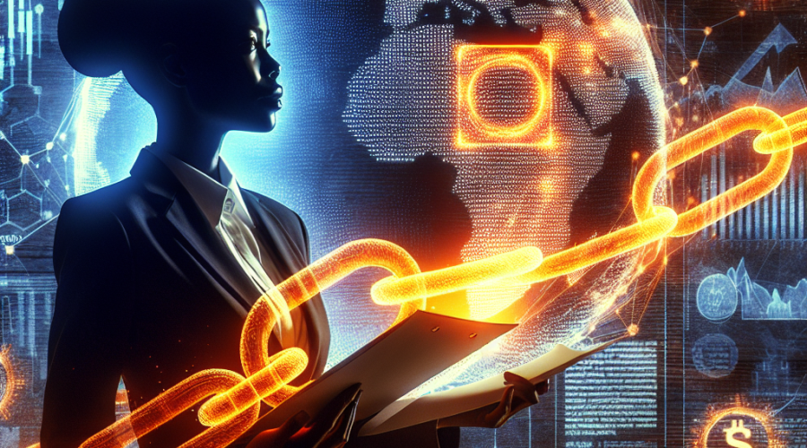 "A silhouette of a finance professional in midnight blue holding an orange glowing blockchain link illuminating a detailed IPO contract, with an abstract artwork of the merger of traditional stock market graphs and crypto coins against a dark blue background, representing Figure Technology Solutions' blockchain-based IPO venture into the traditional financial market; Image dimension 1200x628 pixels."
