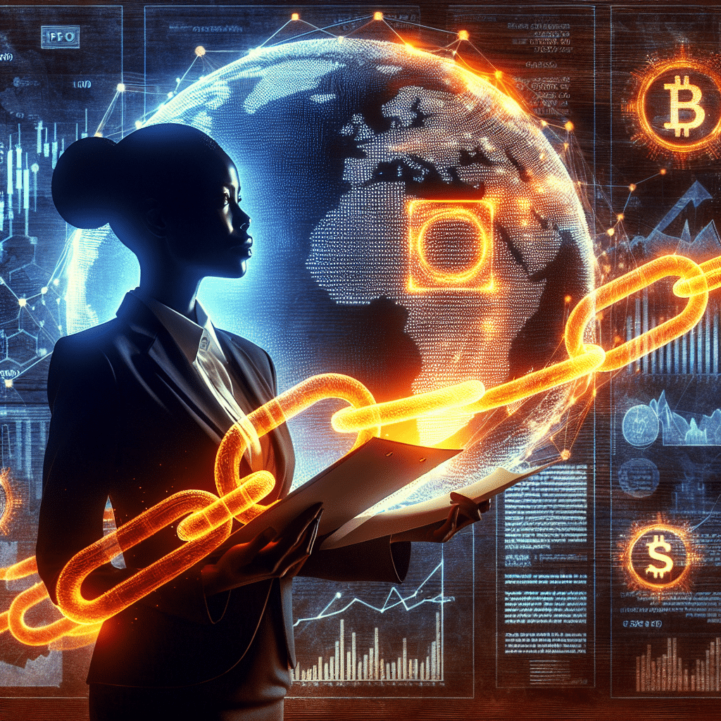 "A silhouette of a finance professional in midnight blue holding an orange glowing blockchain link illuminating a detailed IPO contract, with an abstract artwork of the merger of traditional stock market graphs and crypto coins against a dark blue background, representing Figure Technology Solutions' blockchain-based IPO venture into the traditional financial market; Image dimension 1200x628 pixels."