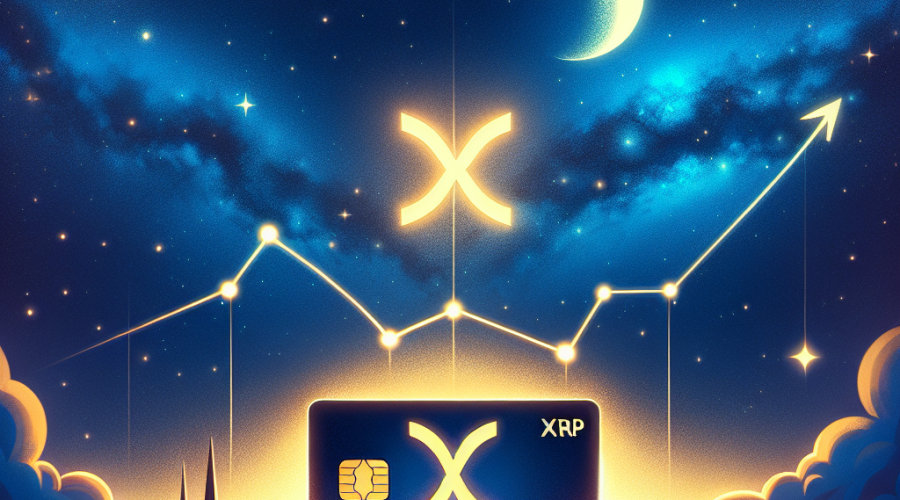 "An XRP-branded Mastercard radiating warm orange #FF9811 light of hope and potential growth, emerging from the Gemini constellation in a starry, midnight blue #021B88 night sky. Behind it, a line graph overlaid with an upward-pointing arrow, indicating a potential downtrend reversal. The silhouette of a cityscape in dark blue #000D43, symbolizes market and community interest. A visually striking, modern representation of the possibility of trend reversal and growth in the crypto market."