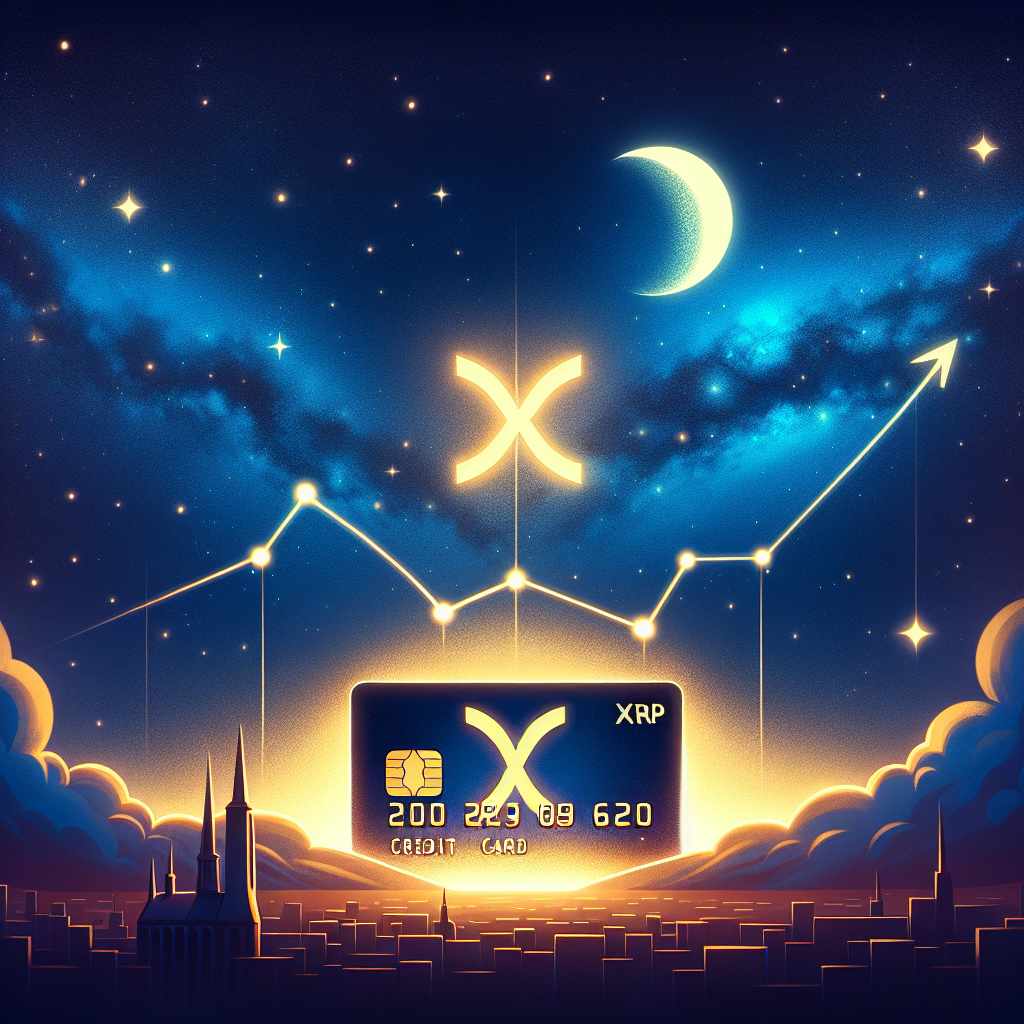 "An XRP-branded Mastercard radiating warm orange #FF9811 light of hope and potential growth, emerging from the Gemini constellation in a starry, midnight blue #021B88 night sky. Behind it, a line graph overlaid with an upward-pointing arrow, indicating a potential downtrend reversal. The silhouette of a cityscape in dark blue #000D43, symbolizes market and community interest. A visually striking, modern representation of the possibility of trend reversal and growth in the crypto market."