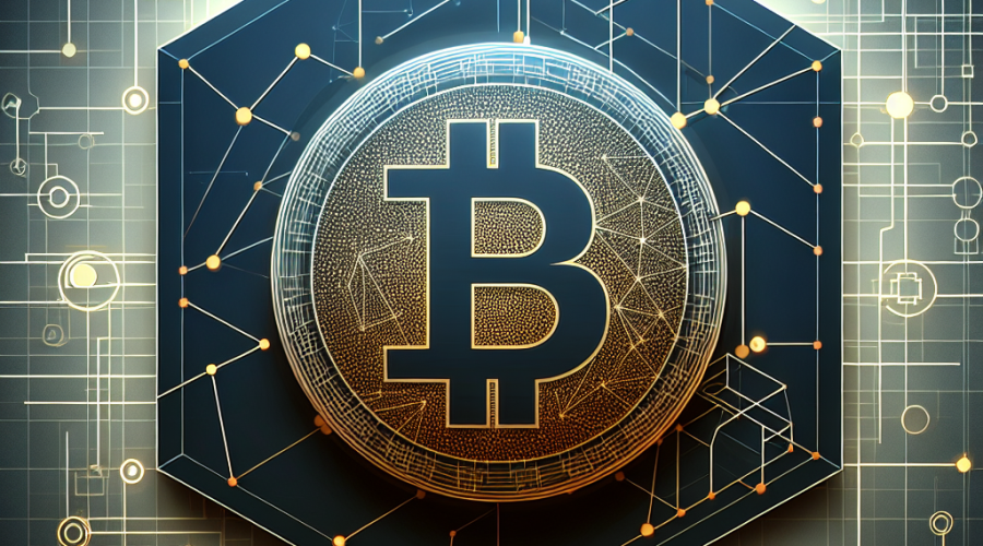 "Digital illustration of the Grayscale logo positioned at the top right with a prominent, golden $IP token at the center, overlaying a detailed blueprint of the Story network blockchain, all set against a midnight blue color palette with dark blue and orange highlights. Ideal for blockchain technology topics. Size: 1200x628 pixels."