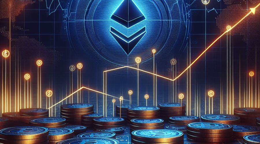 "Image showcasing Hyperliquid's successful July, with a record-breaking trading volume of 9 billion highlighted through a sea of futuristic dark and midnight blue coins against the backdrop of an upward trending orange line chart symbolizing growth. The company's logo is subtly embedded, reflecting Hyperliquid as the Decentralised Finance (DeFi) platform in focus."