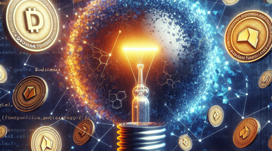 "Light bulb graphic spilling out InterNetX and D3 emblemed domain tokens, signifying InternetX's partnership with D3 Global for the tokenization of 22 million domains on blockchain, against a dark blue (#000D43) and midnight blue (#021B88) patterned background. With an orange (#FF9811) title of 'Real-World Asset Tokenization' and codescript graphics representing the underpinnings of decentralization, Web3, and blockchain technology."