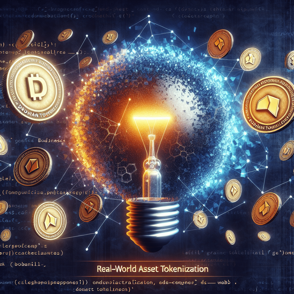 "Light bulb graphic spilling out InterNetX and D3 emblemed domain tokens, signifying InternetX's partnership with D3 Global for the tokenization of 22 million domains on blockchain, against a dark blue (#000D43) and midnight blue (#021B88) patterned background. With an orange (#FF9811) title of 'Real-World Asset Tokenization' and codescript graphics representing the underpinnings of decentralization, Web3, and blockchain technology."
