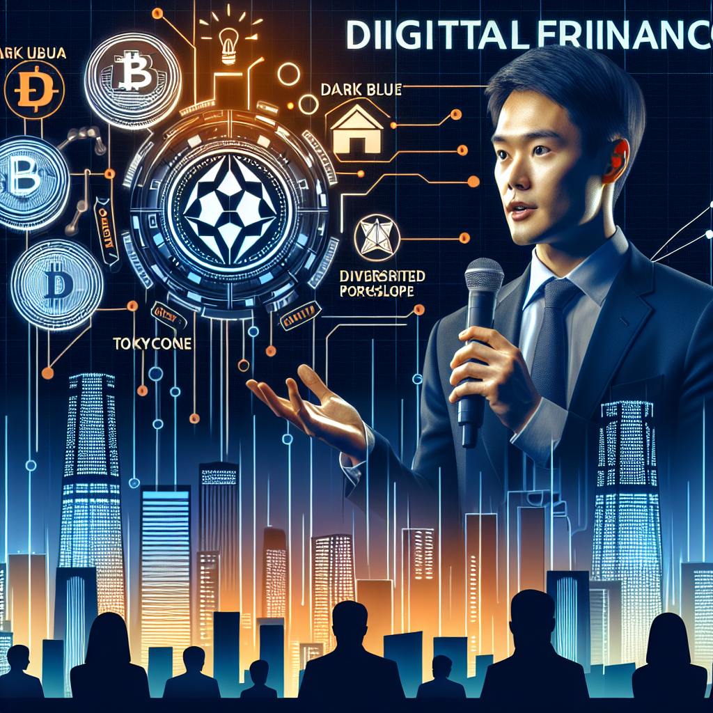 "Japan Finance Minister Katsunobu Kato giving a keynote speech at Web3 Conference; backdrop includes Tokyo skyline, FTSE Russell, SBI Group, Chainlink, Circle, Ripple logos signifying their involvement in blockchain technology; image utilizing brand colors #FF9811, #000D43, and #021B88; illustrated diversified portfolio including cryptocurrencies in focus, 1200 x 628 pixels dimension."