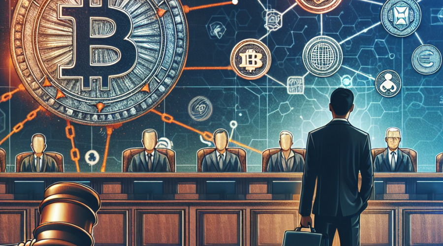 "A tense courtroom setting featuring Justin Sun and Bloomberg logo, accentuated with digital currency symbols of Tron, Bitcoin, Ethereum, and blockchain indications. A wallet and a gavel symbolize legal proceedings involving digital currencies. Dominated by a dark-blue background, the image uses brand colors of orange and midnight-blue for emphasis and highlights."