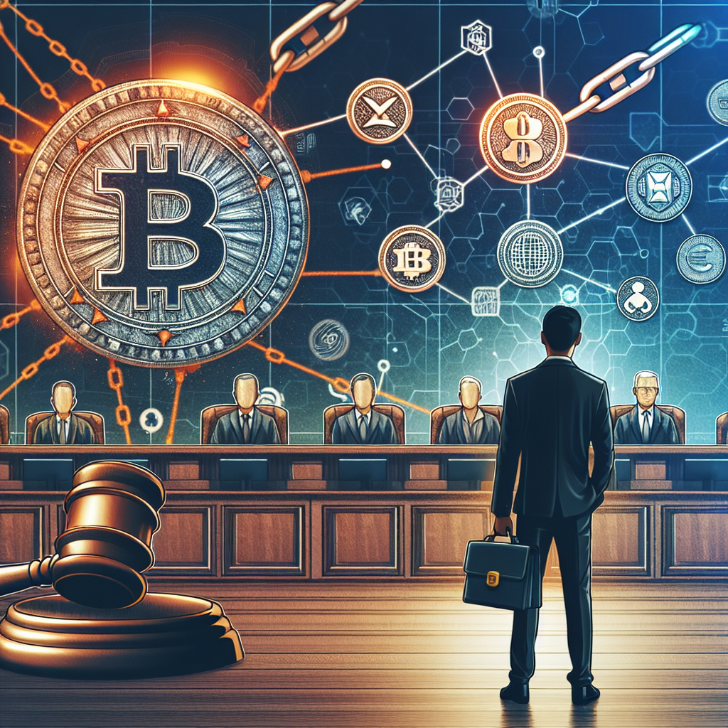 "A tense courtroom setting featuring Justin Sun and Bloomberg logo, accentuated with digital currency symbols of Tron, Bitcoin, Ethereum, and blockchain indications. A wallet and a gavel symbolize legal proceedings involving digital currencies. Dominated by a dark-blue background, the image uses brand colors of orange and midnight-blue for emphasis and highlights."