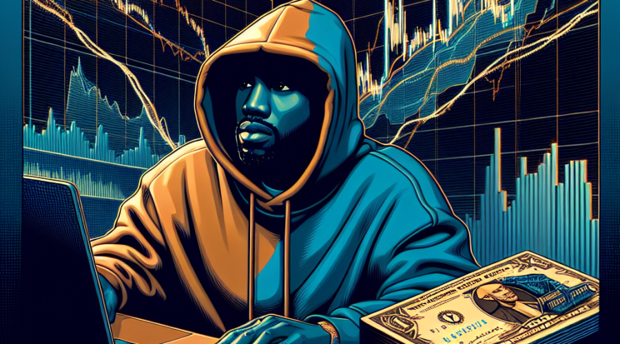 "Ye, formerly known as Kanye West, unveiling Solana-based Yeezy Money cryptocurrency, Ye Pay, and YZY Card in front of an ornate cryptocurrency market chart in a brilliant colour palette of Orange, Dark Blue, and Midnight Blue. Image sized 1200x628 pixels."