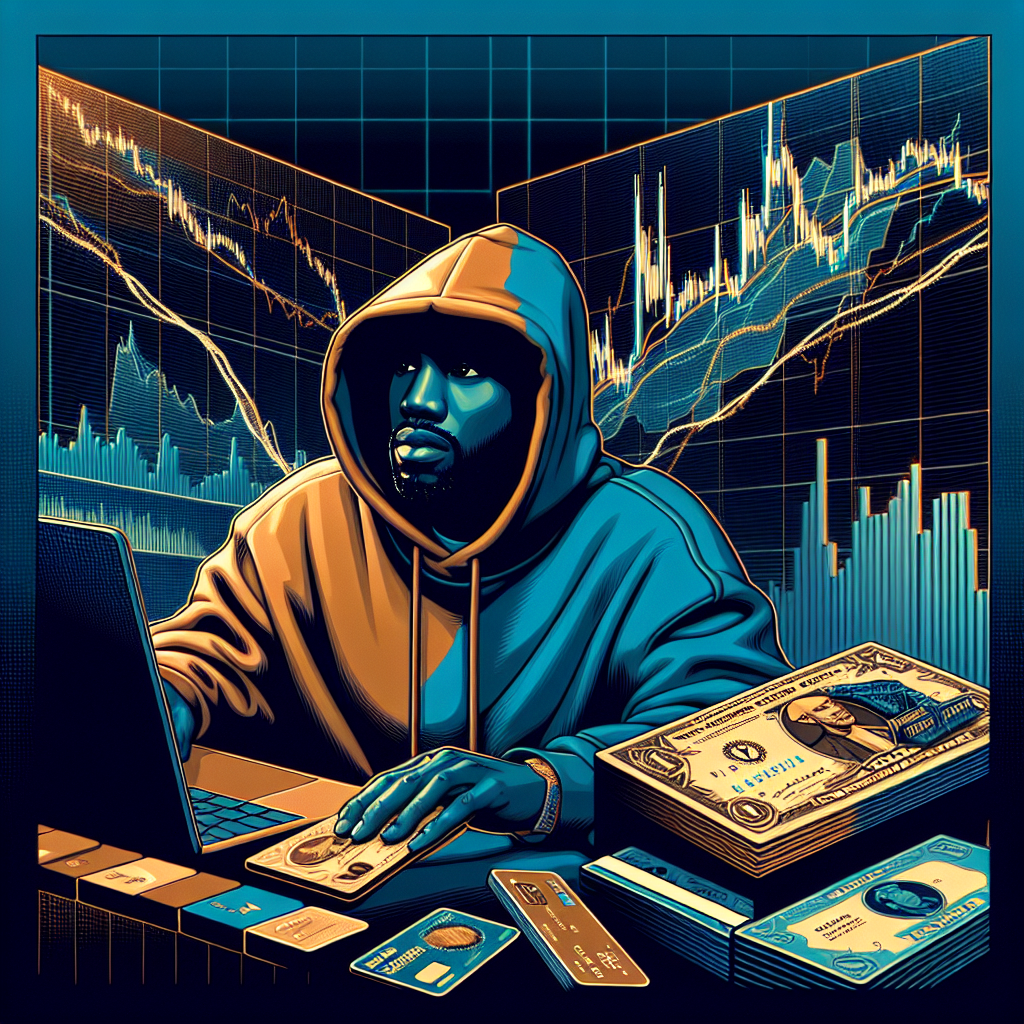 "Ye, formerly known as Kanye West, unveiling Solana-based Yeezy Money cryptocurrency, Ye Pay, and YZY Card in front of an ornate cryptocurrency market chart in a brilliant colour palette of Orange, Dark Blue, and Midnight Blue. Image sized 1200x628 pixels."