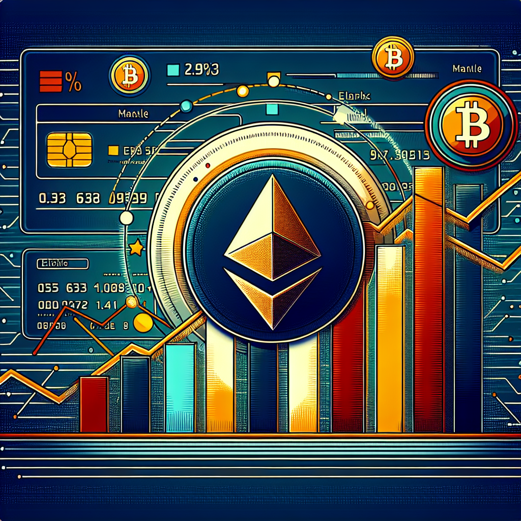 "Digital illustration of the Ethereum Layer 2 network Mantle's logo with vibrant growth lines, Swiss bank account-inspired design, Mastercard symbols, and significant percentages 0.93, 23%, and 63.6% showcasing a positive token surge. Image features a subtle hint of Ethereum through illustrated well of coins, in brand colours Orange: #FF9811, Dark Blue: #000D43, Midnight blue: #021B88. Designed in 1200 x 628 pixels for the new UR app launch."