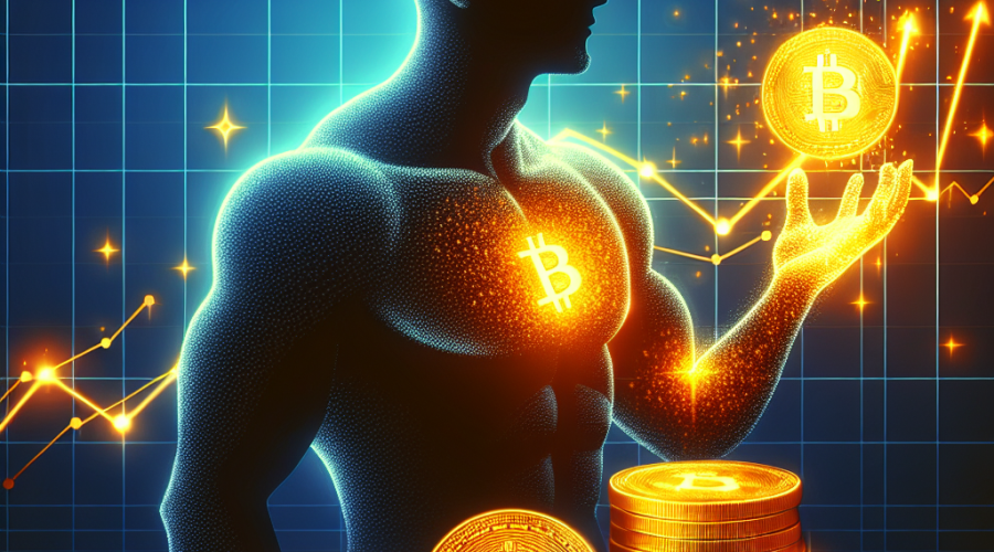 "Michael Saylor contemplating a steady rise in Bitcoin value graph, signifying successful business strategies and trending financial gains in digital currency market against a striking midnight blue backdrop, size: 1200x628 pixels"