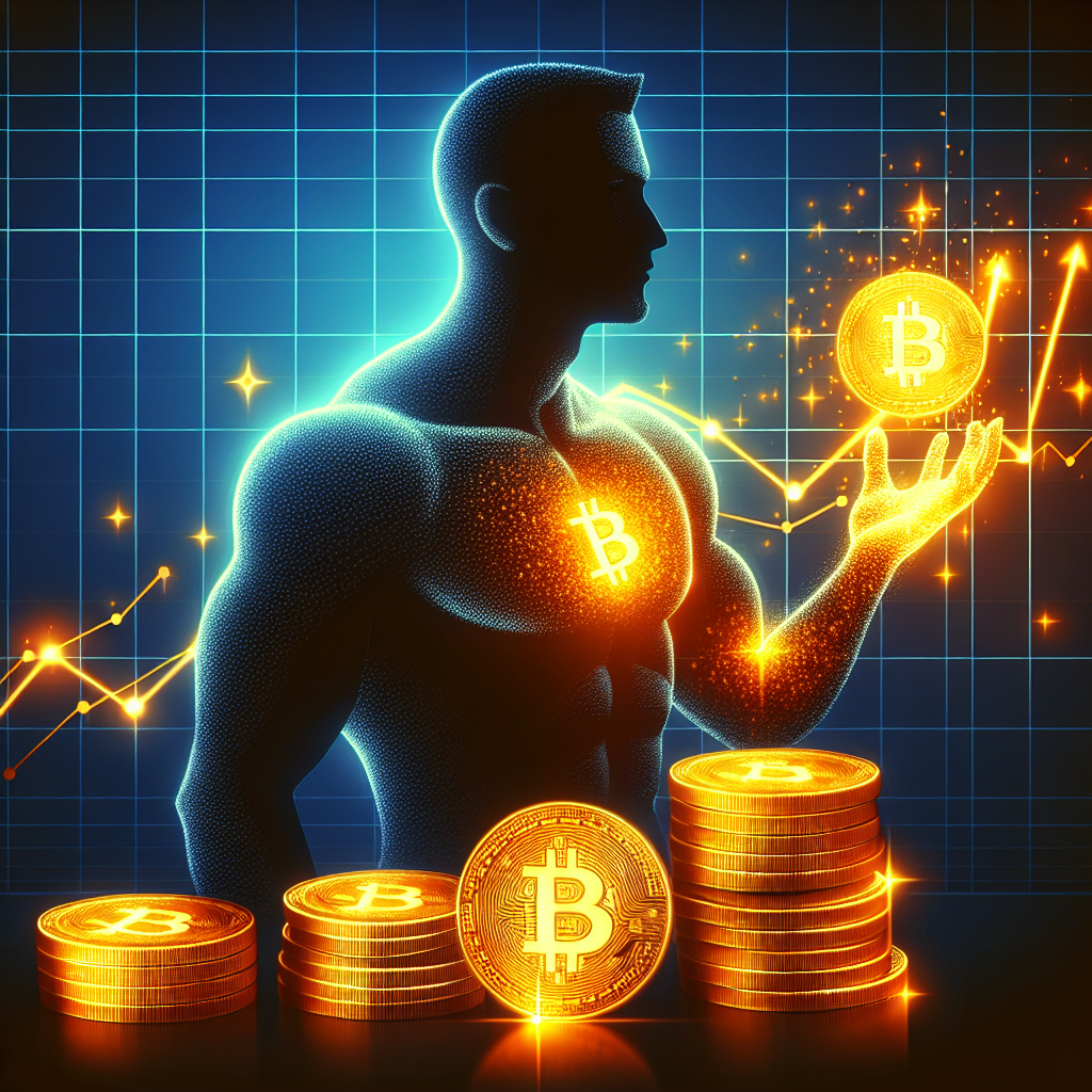 "Michael Saylor contemplating a steady rise in Bitcoin value graph, signifying successful business strategies and trending financial gains in digital currency market against a striking midnight blue backdrop, size: 1200x628 pixels"
