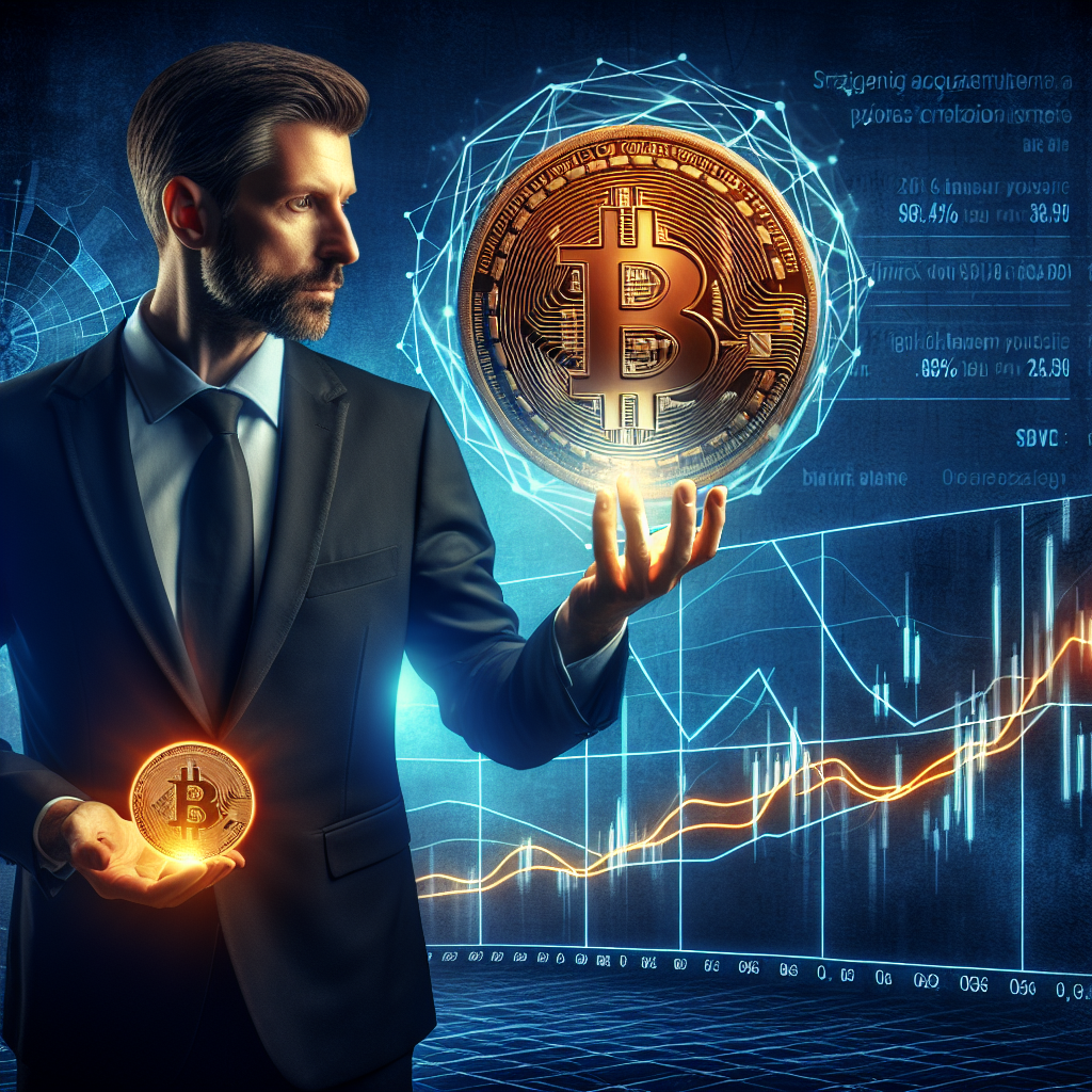 "Michael Saylor strategizing Bitcoin acquisition, examining a large Bitcoin symbol like a crystal ball, against a digital line chart depicting high volatility of the bitcoin market, set in brand colours Orange, Dark Blue, and Midnight Blue, visually emphasizing strategic cryptocurrency investment trends."