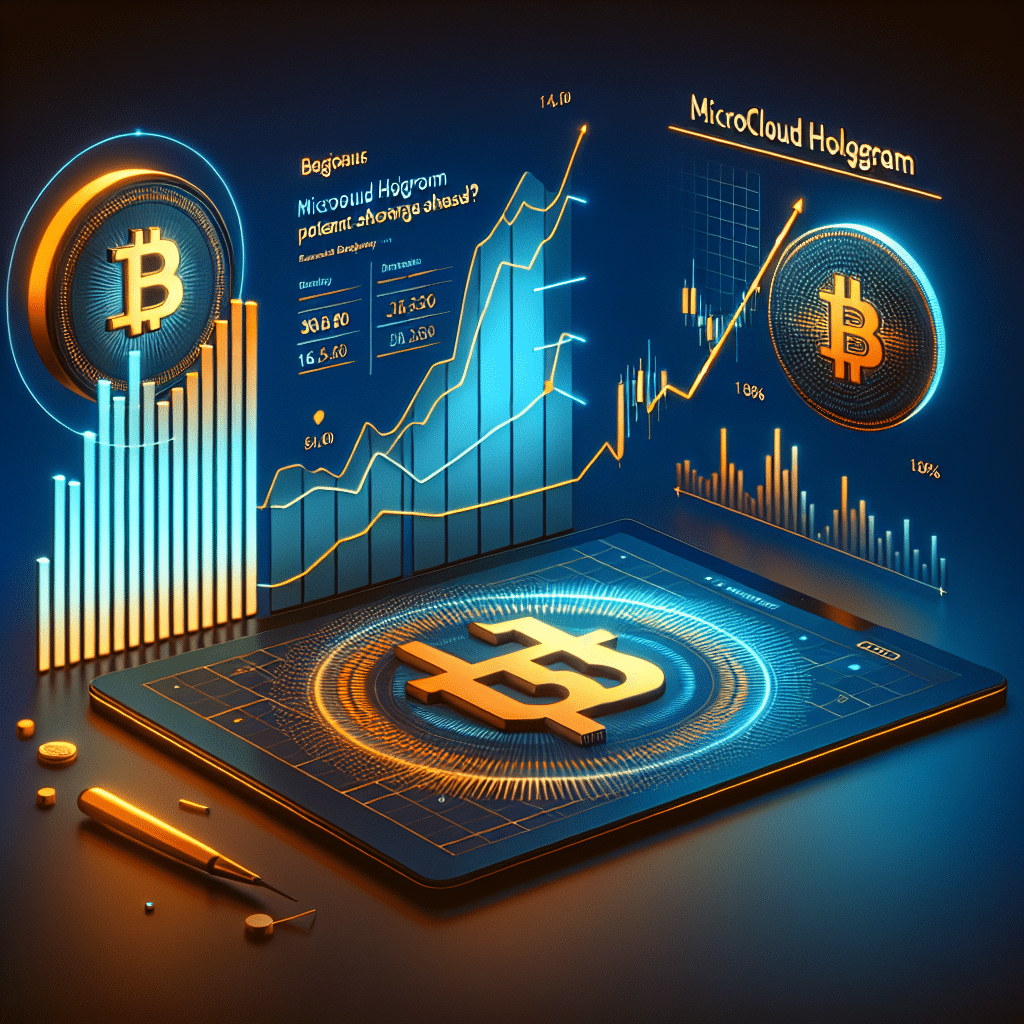 "MicroCloud Hologram logo featured against Bitcoin symbol on a midnight blue backdrop with an underlying bar graph displaying the company's static stock trajectory and line graph in brand colours forecasting the bull market for Bitcoin, intertwined with the text 'MicroCloud Hologram: A Potential Short Squeeze Ahead?' suggesting an imminent stock price surge. Image dimensions 1200 x 628 pixels."
