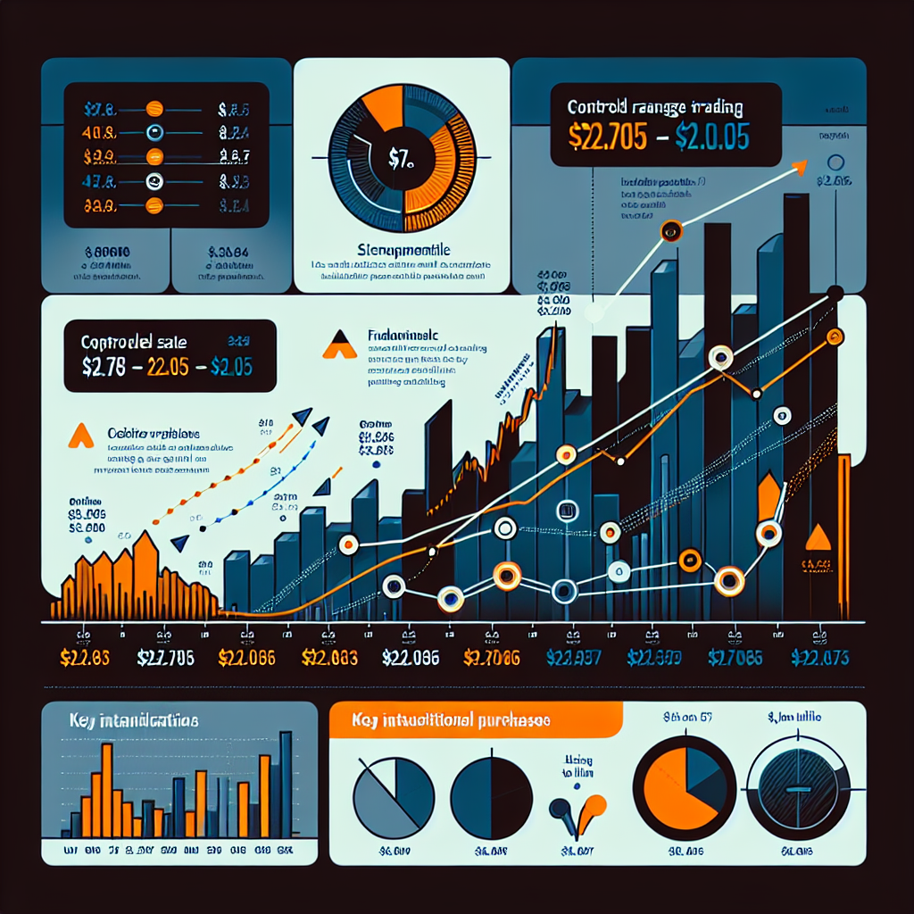 "SEO alt-text: Line graph representing pricing volatility in NEAR Protocol with notable downward spike indicating 20-million-token institutional sell-off and upward adjustment to .83. Concurrent infographic illustrates the robust user base of 16 million. Upward arrows highlight key institutional buying. The image uses brand colors - Orange (#FF9811), Dark Blue (#000D43), and Midnight Blue (#021B88)."
