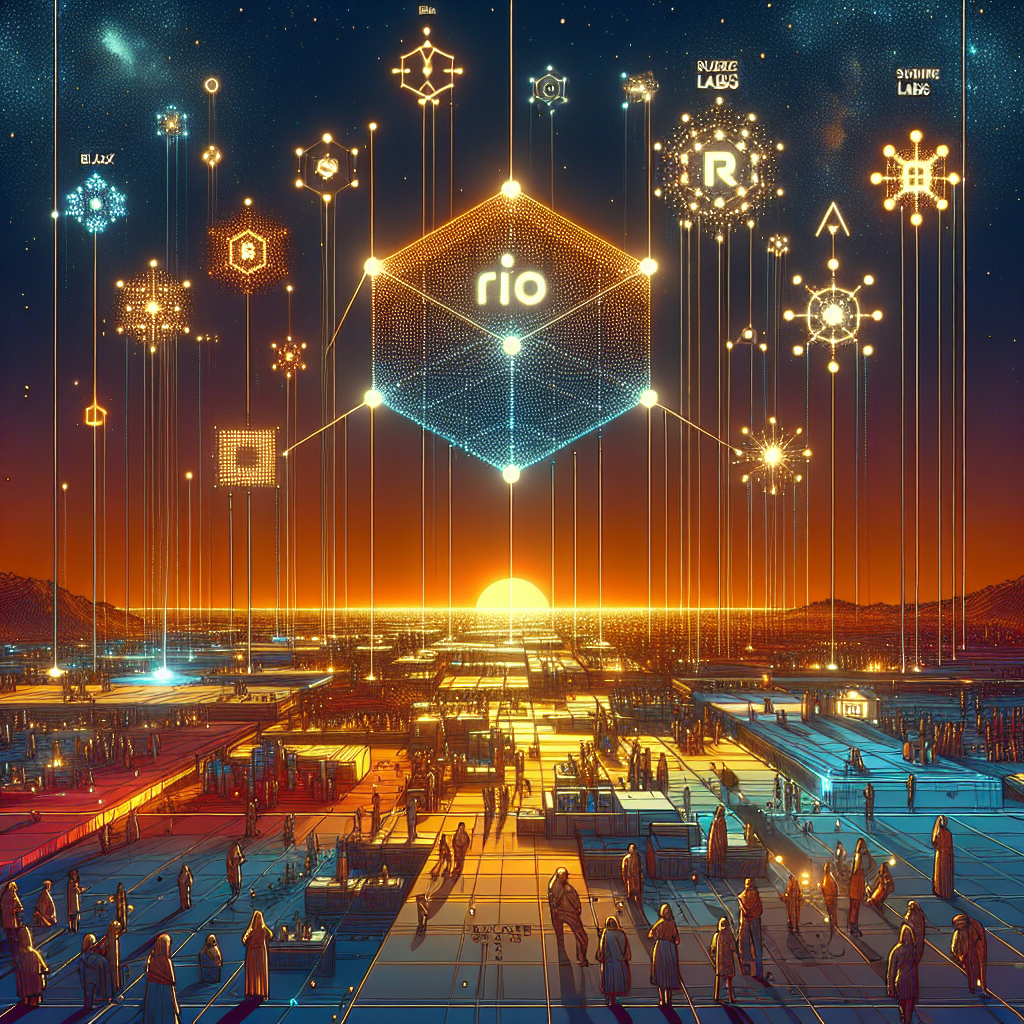 "A diverse group of people collaborating on a glowing 3D blockchain structure labeled 'Rialo' and 'Subzero Labs' in a futuristic digital landscape. Logos of Pantera Capital, Coinbase Ventures and other companies appear as sky constellations. The image incorporates next-gen tech elements and decentralized network-like interconnections, using brand colours Orange #FF9811, Dark Blue #000D43, and Midnight Blue #021B88. Image size is 1200 x 628 pixels."