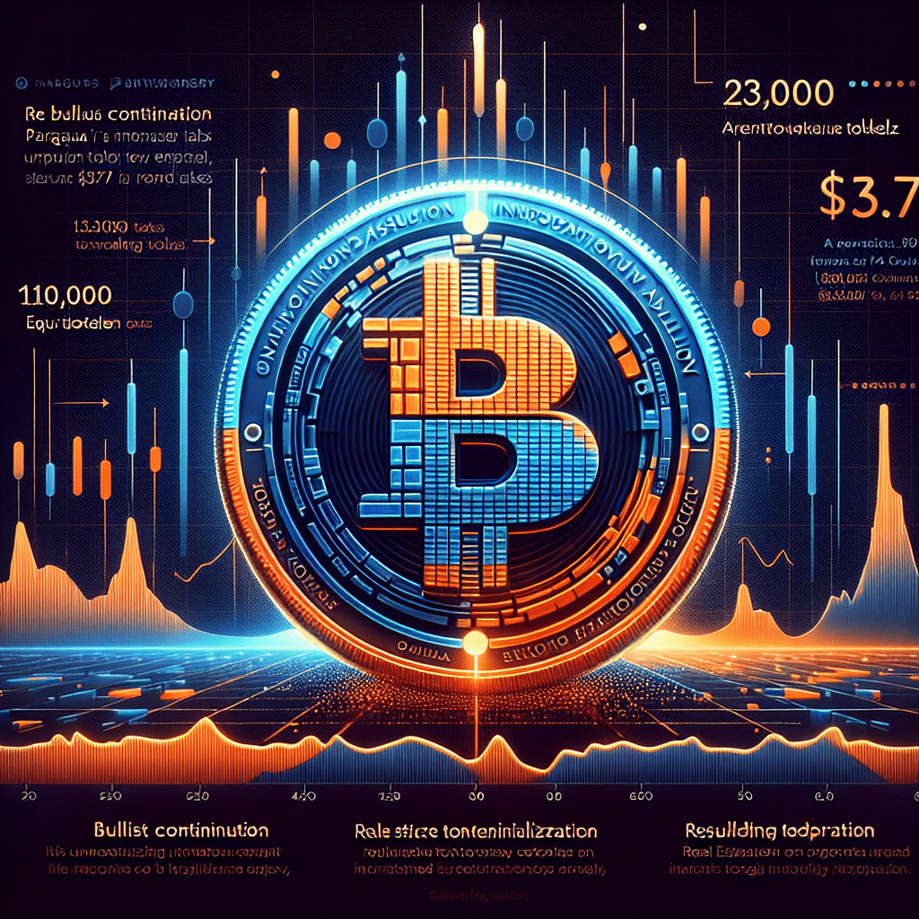 "Colourful representation of Polkadot Cryptocurrency coin in orange and blues showcasing positive growth trend and stability, intertwined with Asuncion Innovation Valley project from Paraguay depicted through 130,000 equity tokens backed by a mighty M. Highlighting key support level at .75, phrases like 'Bullish Continuation' and 'Real Estate Tokenization' emphasizes the potential financial growth and innovation. Image designed in brand colours - Orange, Dark Blue and Midnight Blue reflecting financial solidity. Perfect image for any crypto enthusiast, sized at 1200x628 pixels."