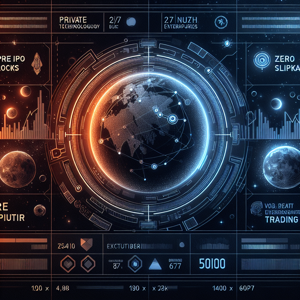 "Digital trading platform interface featuring high-caliber private companies like SpaceX, OpenAI, Neuralink on a futuristic background. Includes transparent text overlay saying 'Pre-IPO stocks', 'Zero Slippage', and '24/7 Trading' in brand colors of Orange, Dark Blue, and Midnight Blue. Also highlights collaboration with representative graphics of Jupiter. Image sized 1200 x 628 pixels, optimized for a WordPress blog post."